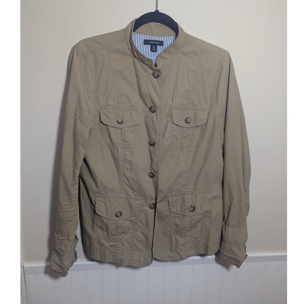 Lands' End Utility Jacket Womens M 10-12 Tan Khaki Cotton Field Coat Y2K